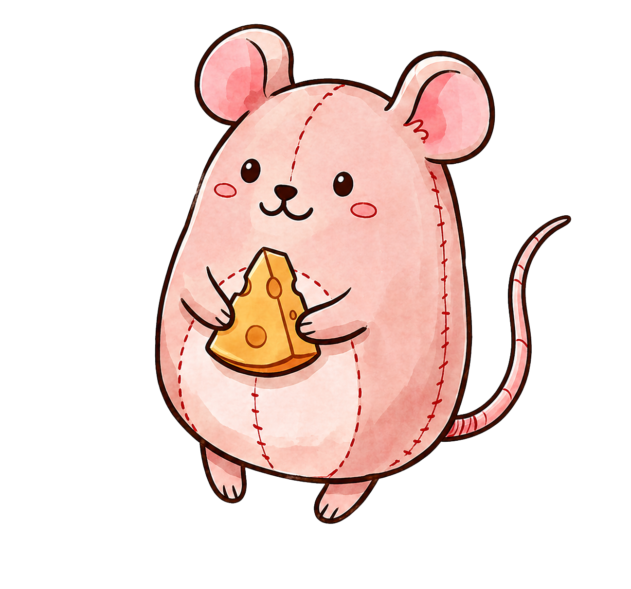 A pink plush mouse with red running-stitch seams, hugging a piece of cheese